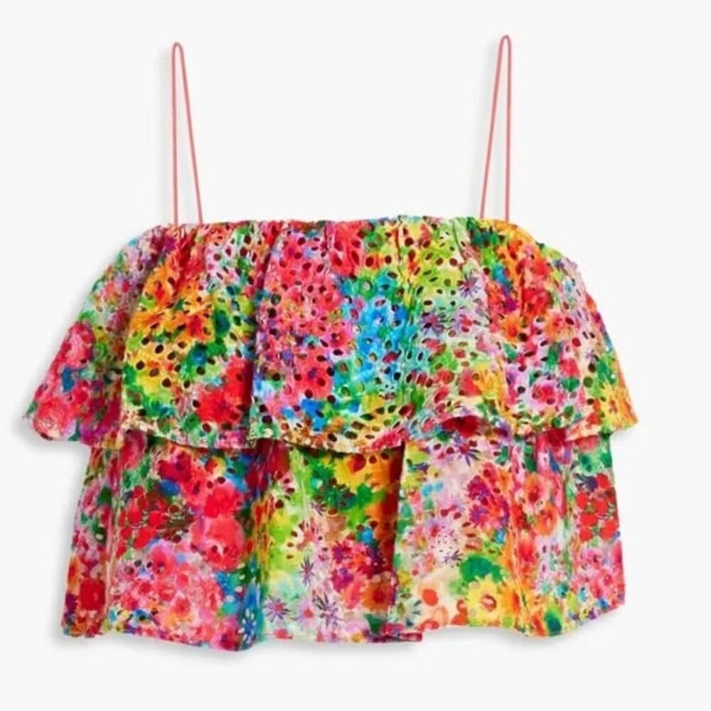 Alice + Olivia Multi-Color Floral Eyelet Ruffle Crop Tube Top Size 0 NWT - Picture 2 of 16